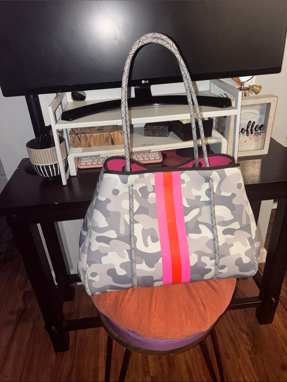 HAUTE SHORE Gray Camo Tote with Pink and Neon-Orange Stripe